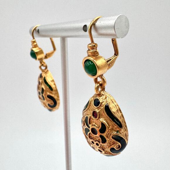 Vintage Faux Gripoix Turkish Style Enamel Dangle Earrings Ornate Leverback Chic - Picture 4 of 11